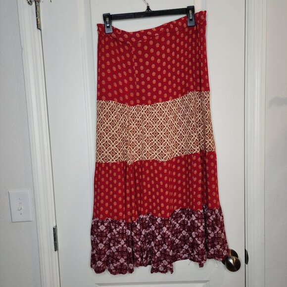 Red boho multi-print maxi skirt Indian style - Picture 4 of 5
